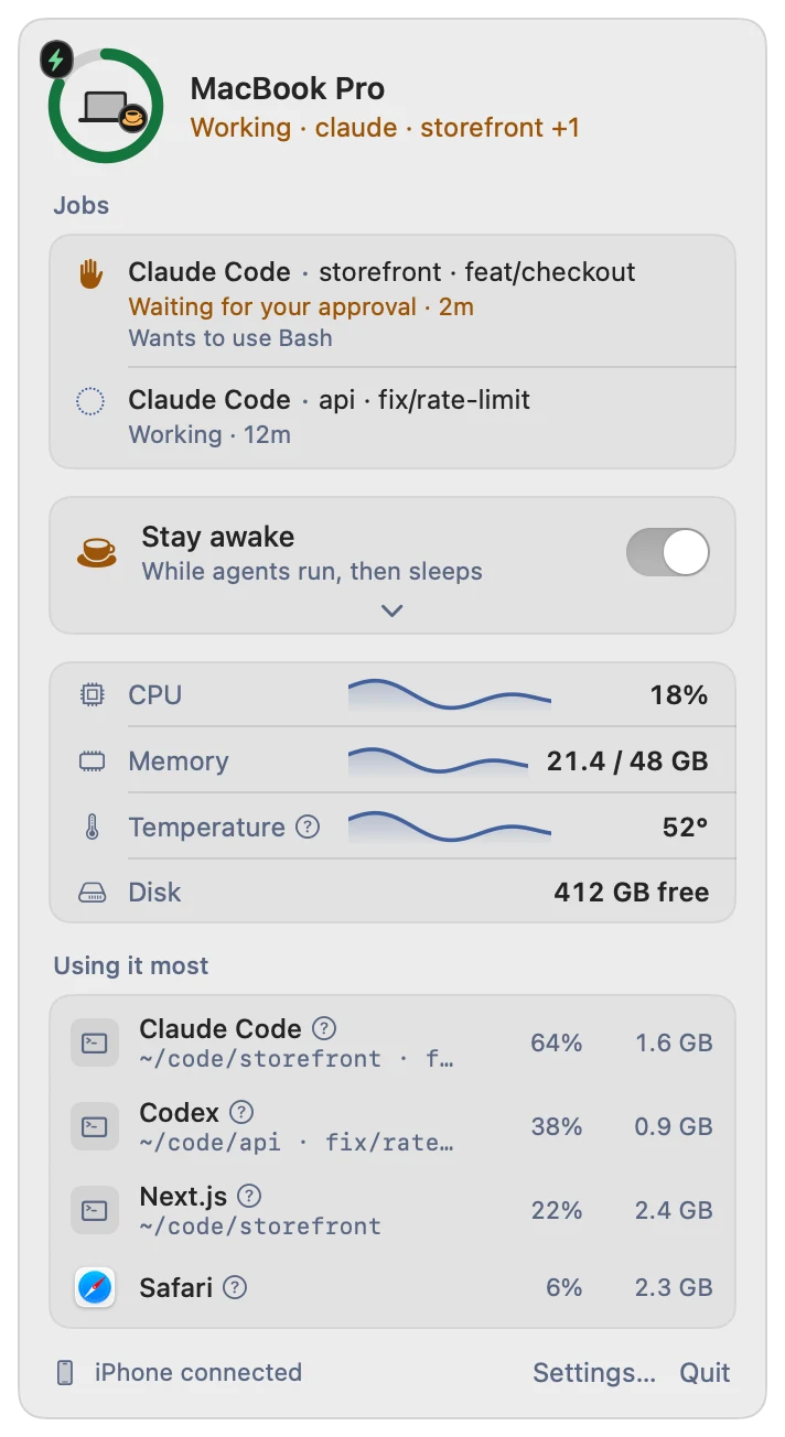 The Farglass menu on a MacBook Pro: Claude Code in storefront is waiting for your approval to use Bash; another Claude Code session in api is working. CPU 18%, memory 21.4 of 48 GB, 52 degrees.